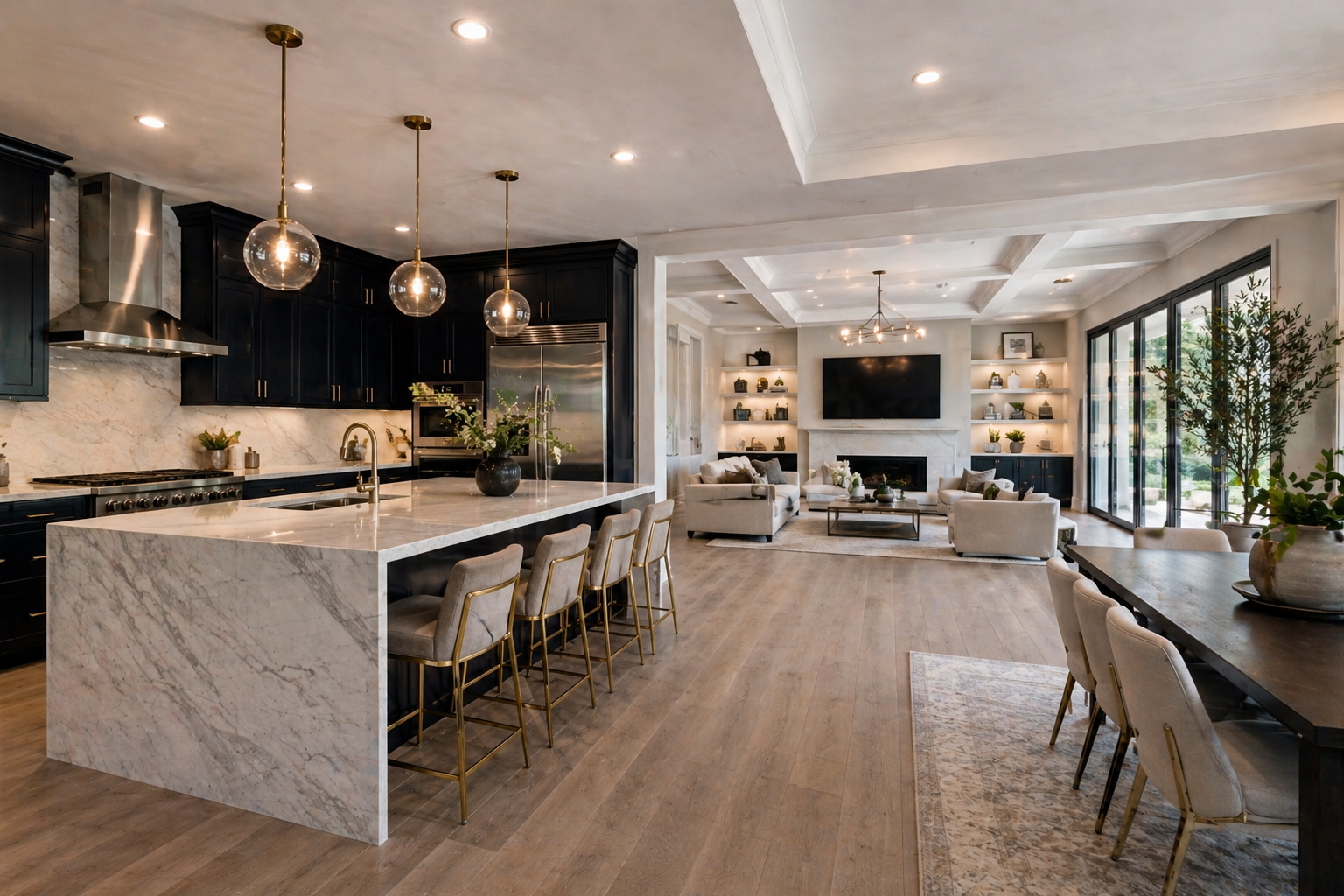Open concept kitchen and living room renovation in Jacksonville FL with custom cabinets, marble countertops, and modern design.
