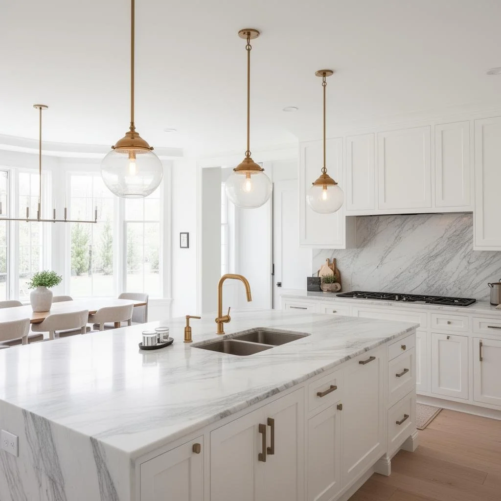 Bright, modern white kitchen with marble countertops and backsplash, gold hardware, pendant lighting, and a dining area with a plant in a white pot.