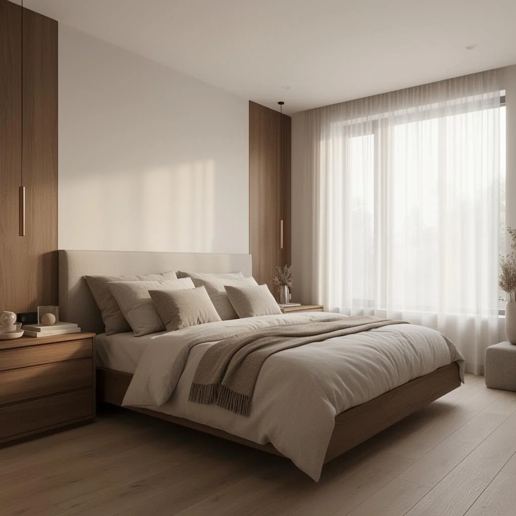 A minimalist bedroom with a large bed, neutral-colored bedding, and multiple pillows. There are wooden nightstands with decor and books, large windows with sheer curtains allowing natural light, and a neutral color palette.
