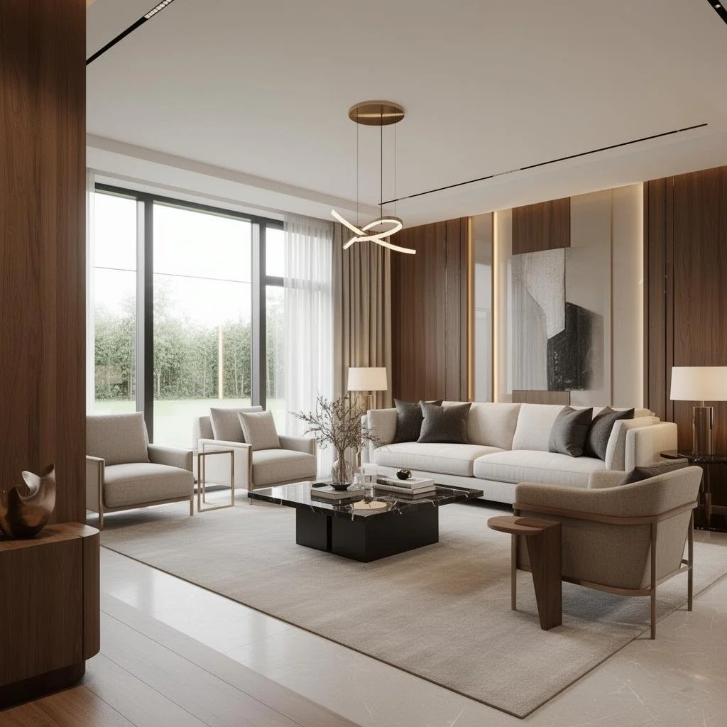 Modern living room with beige sofas, armchairs, a black coffee table, and floor-to-ceiling windows with beige curtains, decorated with a large abstract painting and a stylish ceiling light fixture.