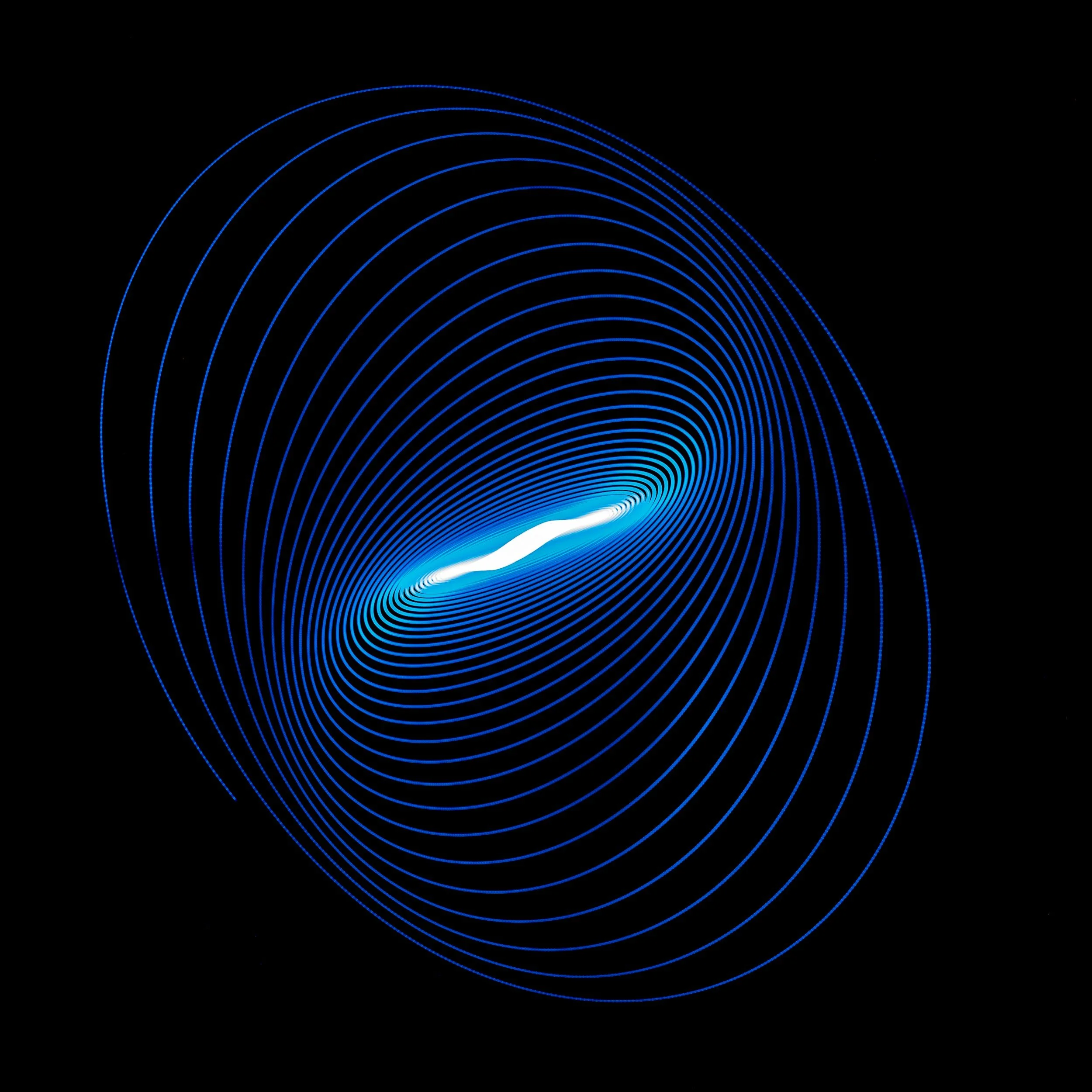 Blue and white glowing abstract spiral pattern against a black background.