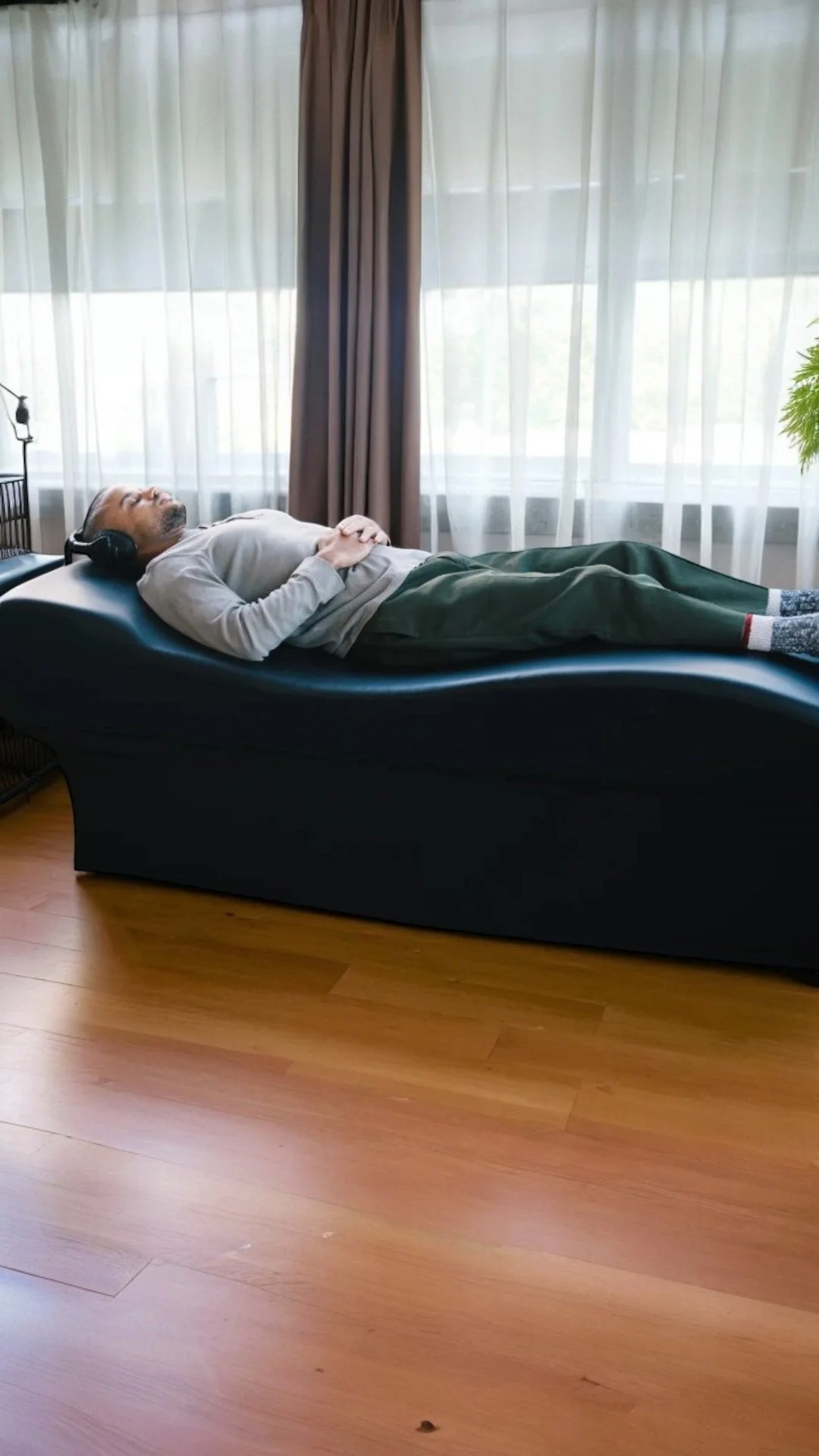 Older man lying on a black massage bed, with eyes closed, wearing headphones, in front of a window with white curtains.