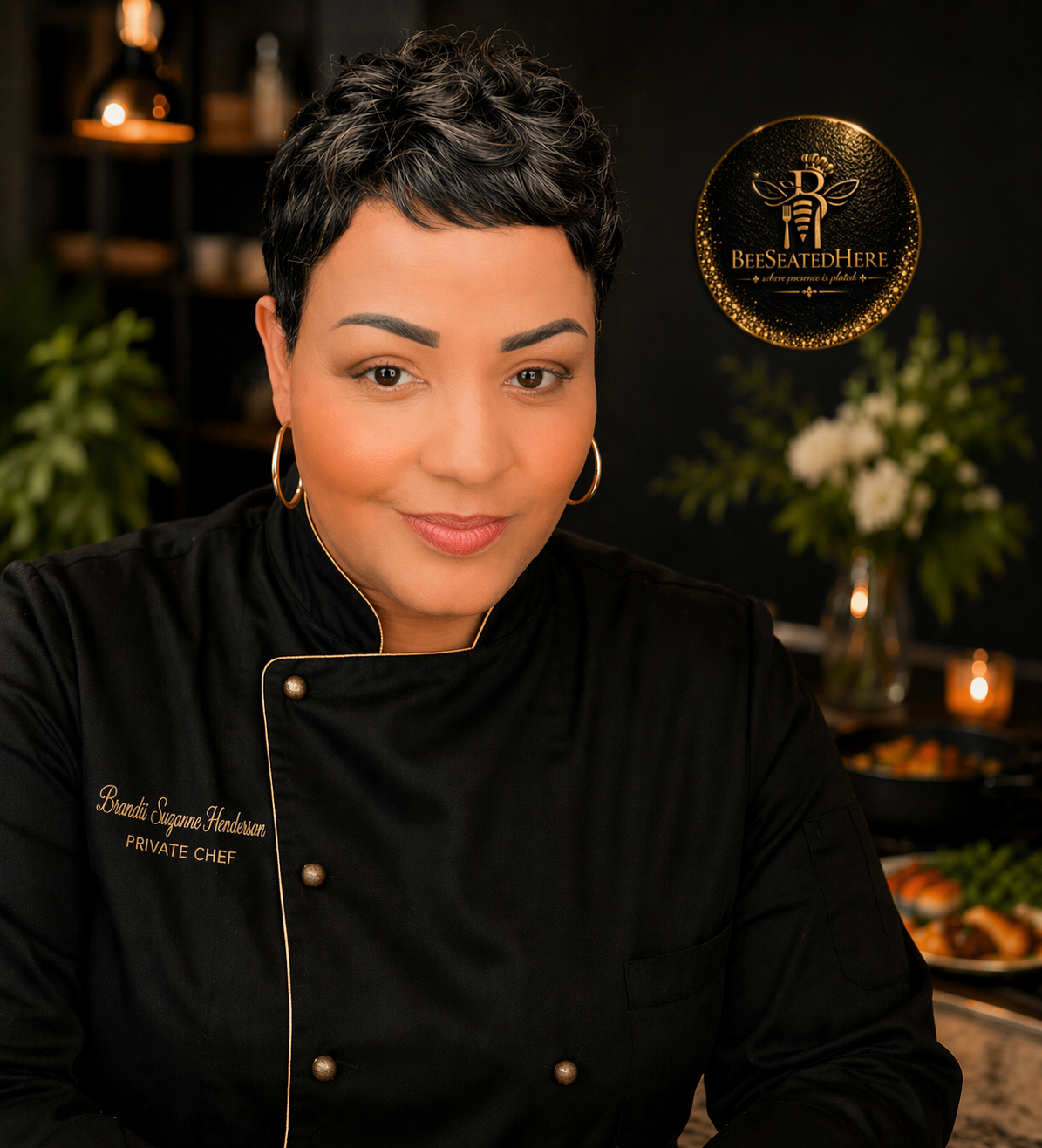 A woman with short dark hair, wearing a black chef's coat with gold trim and gold hoop earrings, standing in a kitchen with plants and flowers in the background. The coat has her name and title embroidered on it, and there is a circular logo that reads 'Bee Seated Here' in the background.