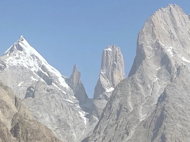 Uli Biaho (centre) as seen from the Baltoro Glacier