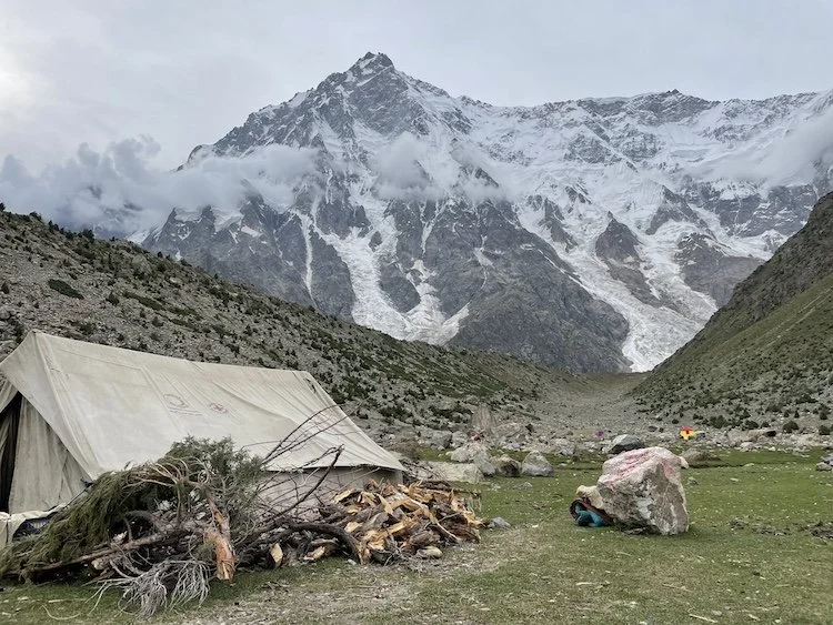 tent at Nanga Parbat base camp with Nanga Parbat in the background