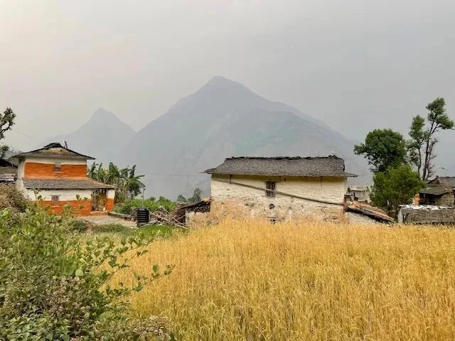 Nepali village with yellow crops in foreground and mountains in the haze in background