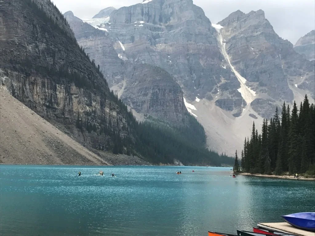 Beautiful icy blue colours of the glacial Moraine Lake