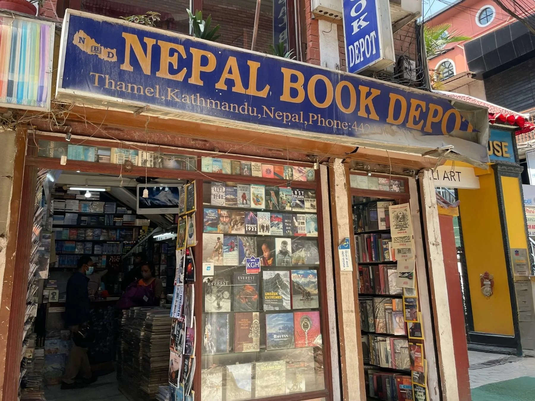 a bookshop in Kathmandu displaying mountaineering books