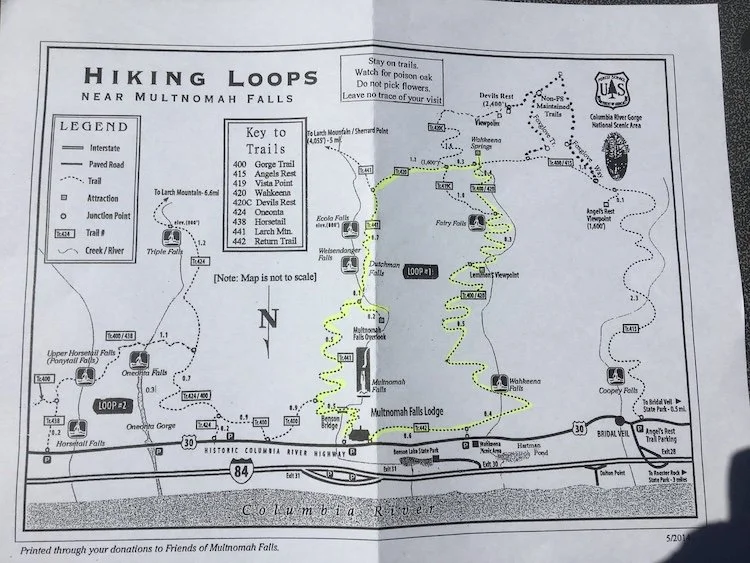 Hiking trail map around Multnomah Falls, with our trail highlighted in yellow.