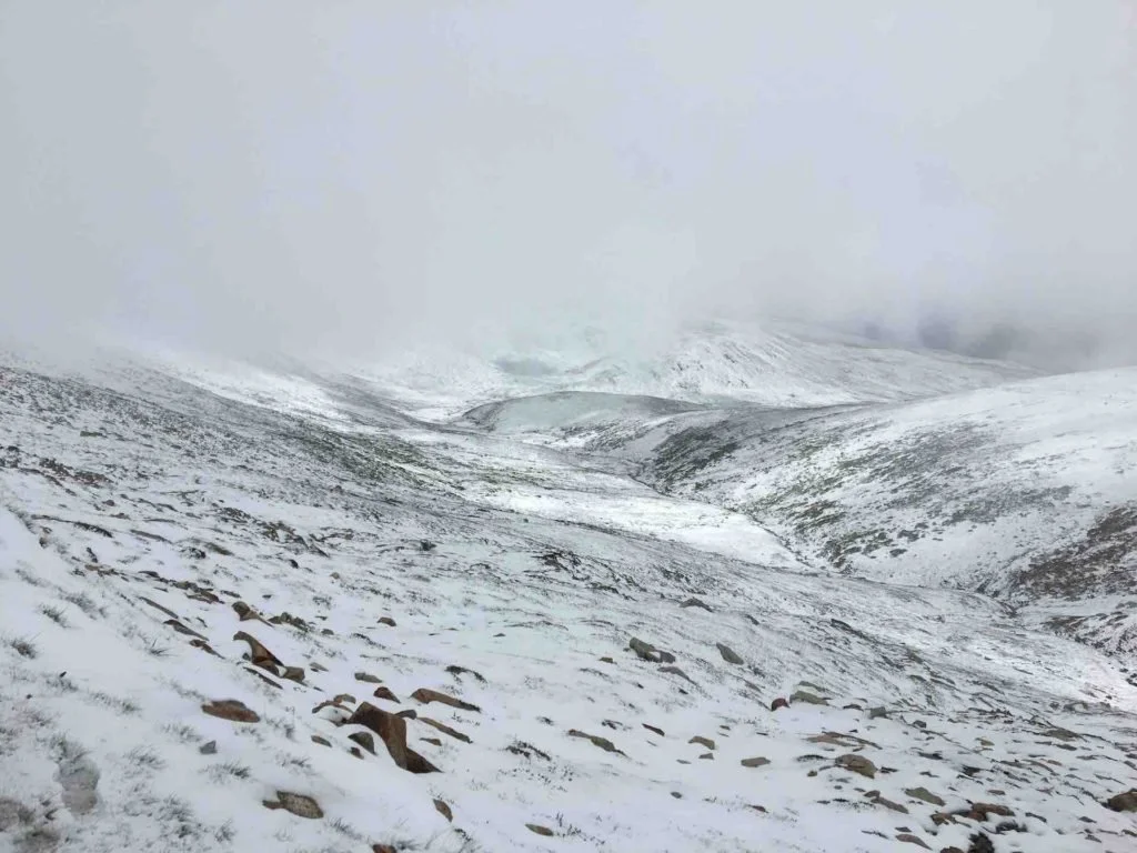 Snow all over a mountain landscape