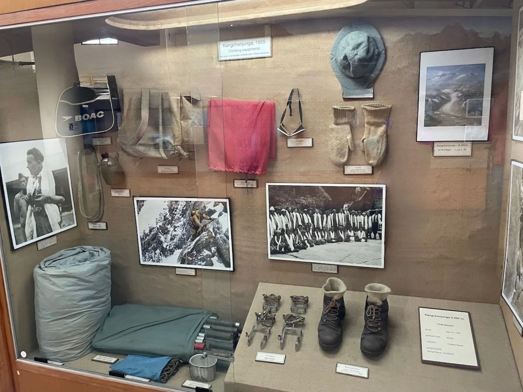 A display of old expedition equipment from the 1955 Kanchenjunga expedition