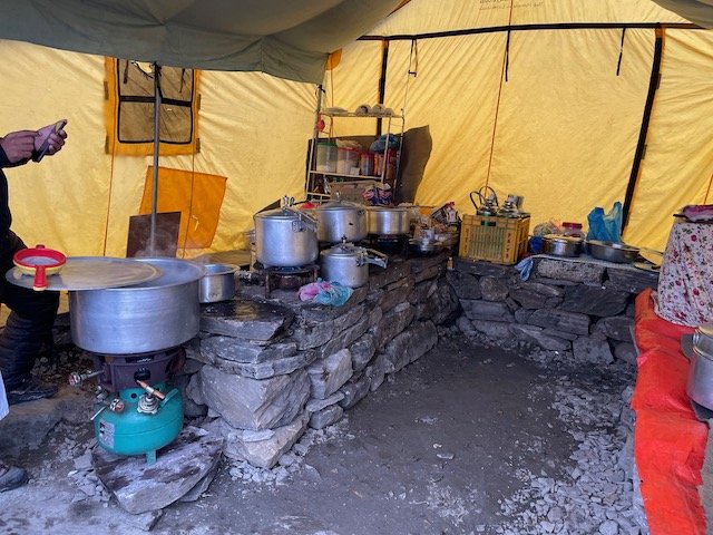 The expedition kitchen tent at Manaslu Base Camp