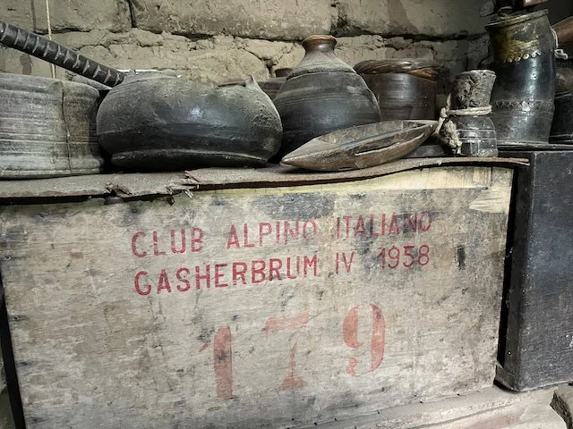 an old wooden expedition box with lettering on it for the Italian Alpine Club 1958 expedition to Gasherbrum IV