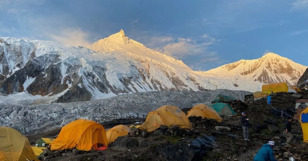 Manaslu with tents in foreground