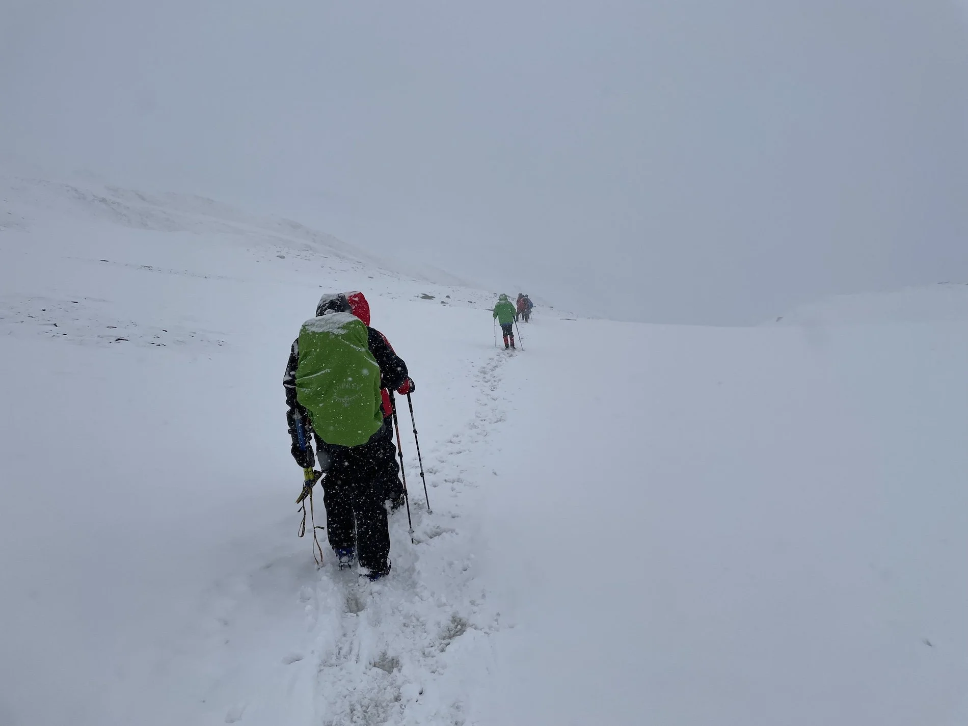 trekkers in snowy conditions with raingear on