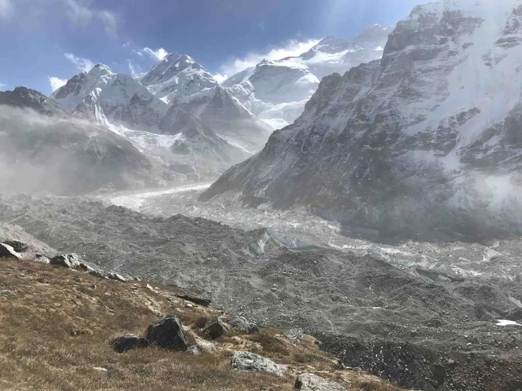 looking up the glacier towards Kanchenjunga North Base camp at Pangpema