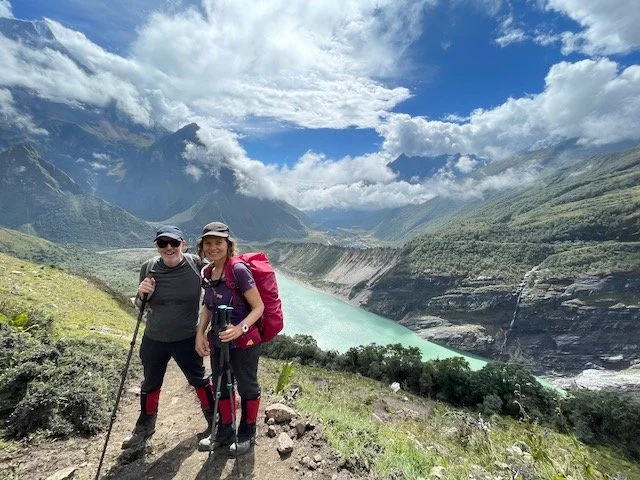 Emma and Trevor en route to base camp, with the view back down to the lake and Samagaon
