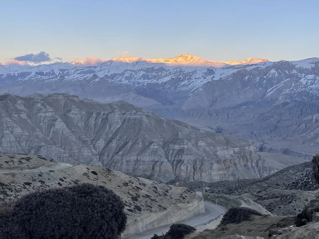 sunset over the mountains and valleys of Upper Mustang in Nepal