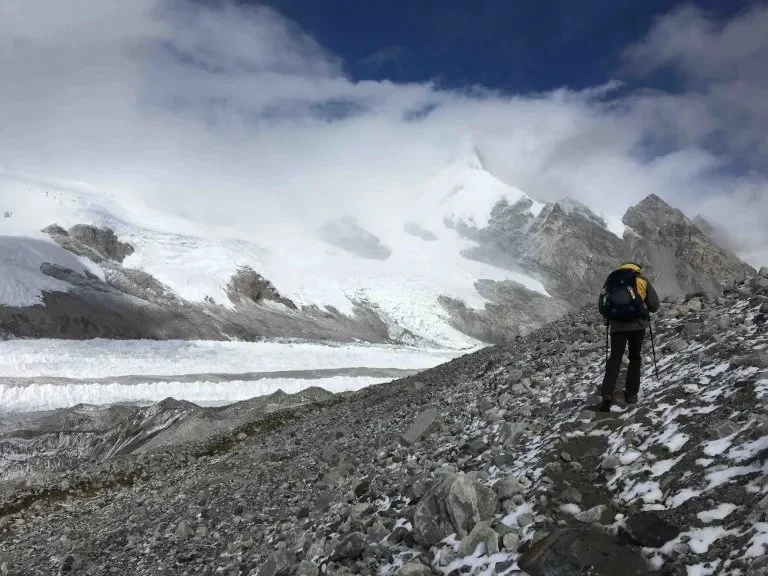 trekking down Nangpa La Glacier