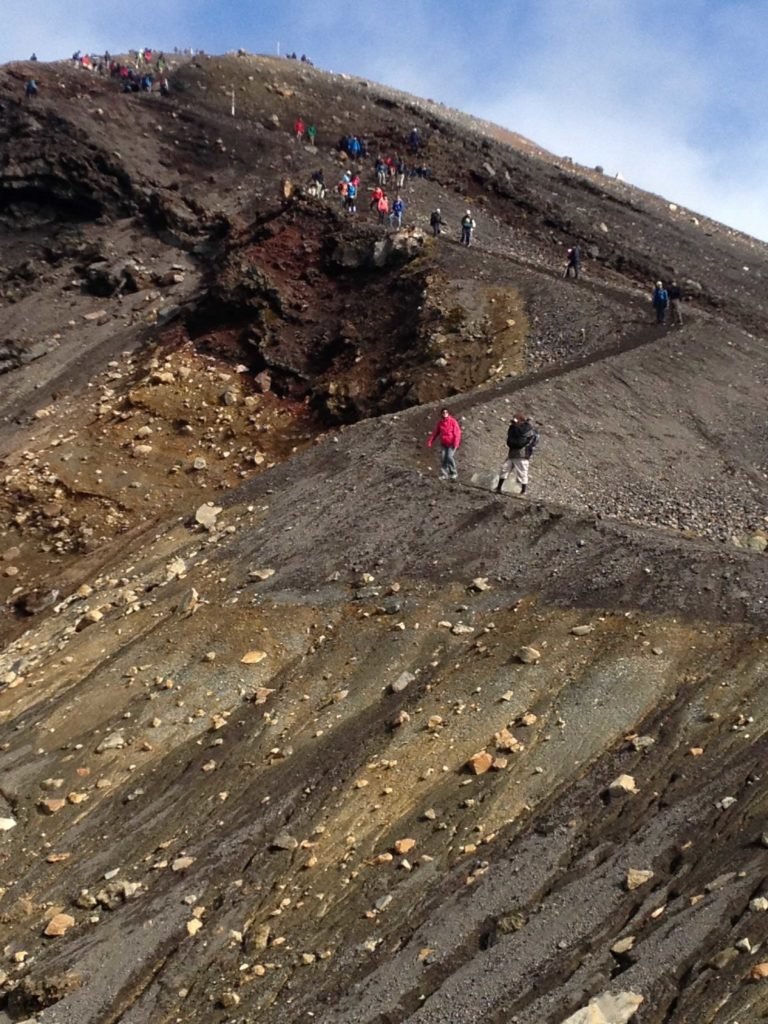 Scree slope descending to Emerald Lakes