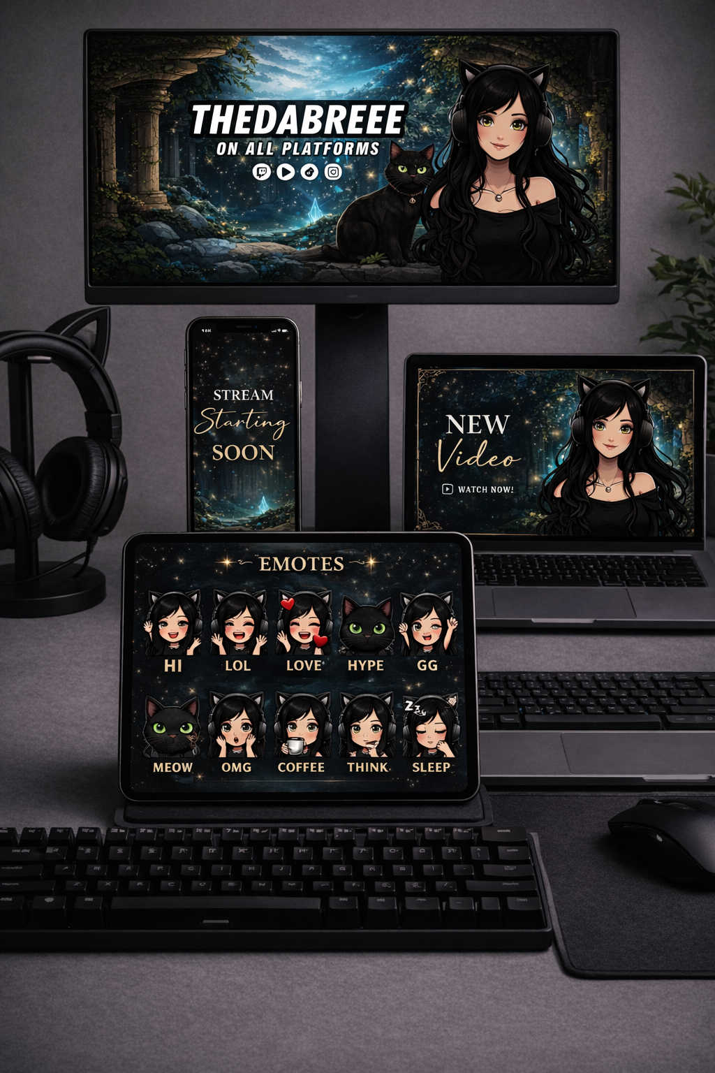 A desktop setup with multiple screens and devices featuring a dark, starry theme. The main monitor displays a cartoon girl with black hair, cat ears, and headphones, alongside a black cat, with the text "THEDABREE ON ALL PLATFORMS." A laptop shows a similar cartoon girl and the text "NEW Video WATCH NOW." A tablet shows emotes of the cartoon girl with various expressions, labeled with words like "HI," "LOL," "LOVE," and others. A smartphone screen reads "STREAM Starting SOON" with similar starry night background. A pair of black headphones is on the left side of the desk, with a keyboard and mouse in the foreground.