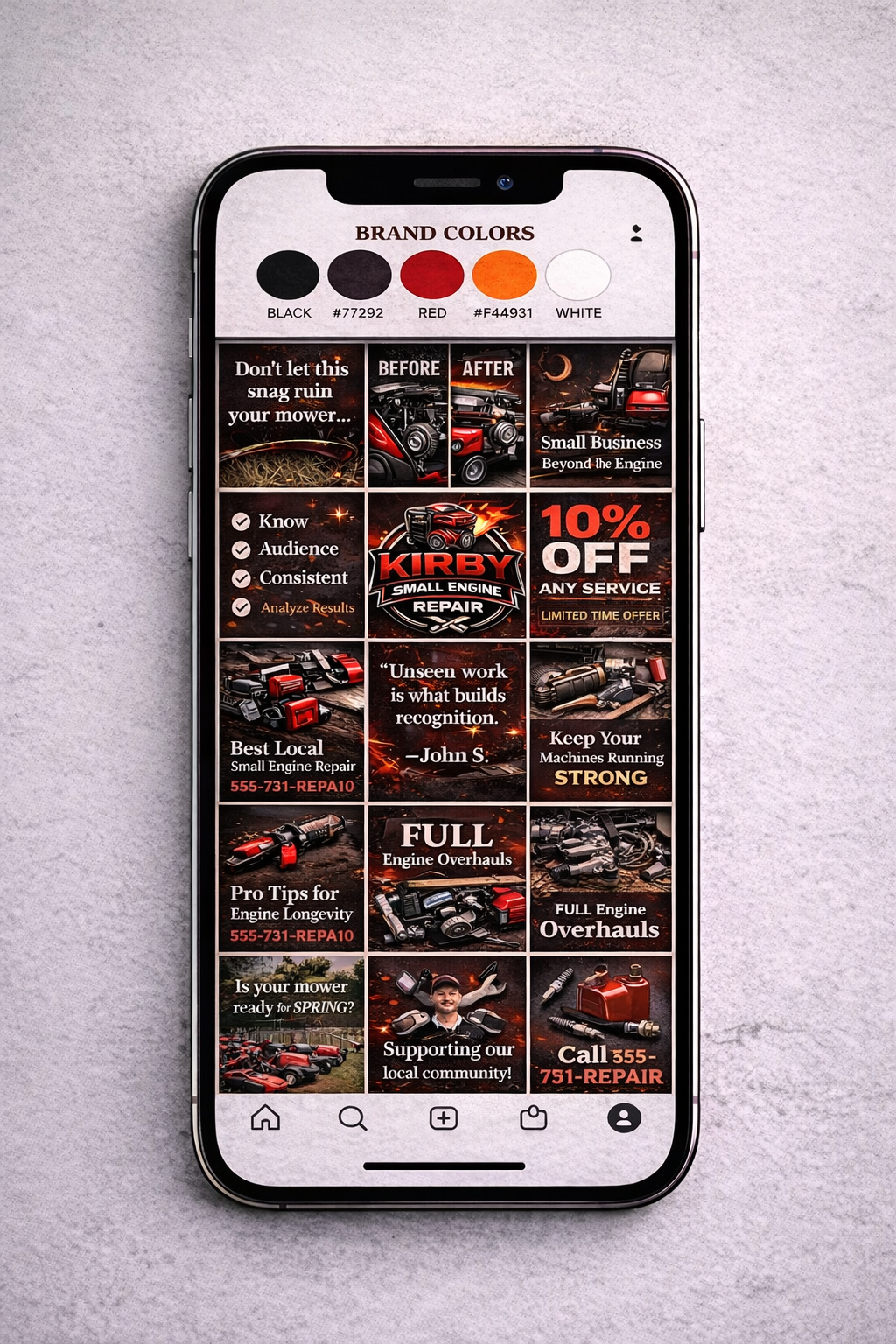 A smartphone displays a mobile screen with a graphic advertisement for Kirby Small Engine Repair, featuring brand colors black, gray, red, orange, and white. The screen shows promotional content, including before-and-after images, quotes, service discounts, and contact information for small engine repair services.