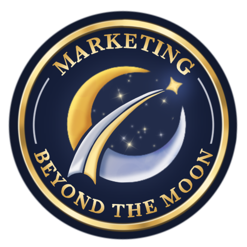 A circular logo with a dark background, a yellow crescent moon, a white crescent moon, and a star, with the words 'Marketing Beyond the Moon' around the circumference.