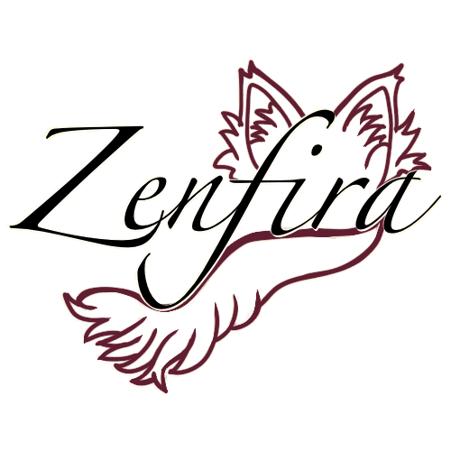 The logo features the word 'Zentira' in elegant cursive text beneath the outline of a fox's face with prominent ears and a bushy tail, all in black and maroon colors.
