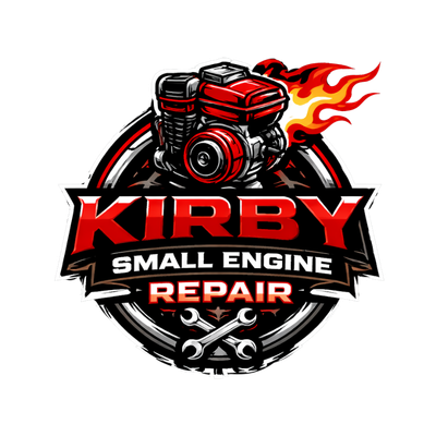 Logo for Kirby Small Engine Repair featuring a red engine with flames, a wrench, and bold red and white text.
