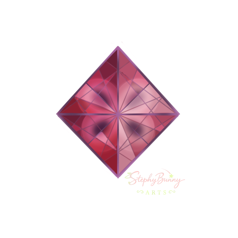 A shiny, pink, multi-faceted gemstone shaped like a diamond with a purple tint, positioned at an angle against a black background.
