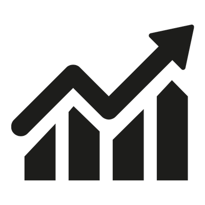 Black and white bar chart with an upward trending arrow.