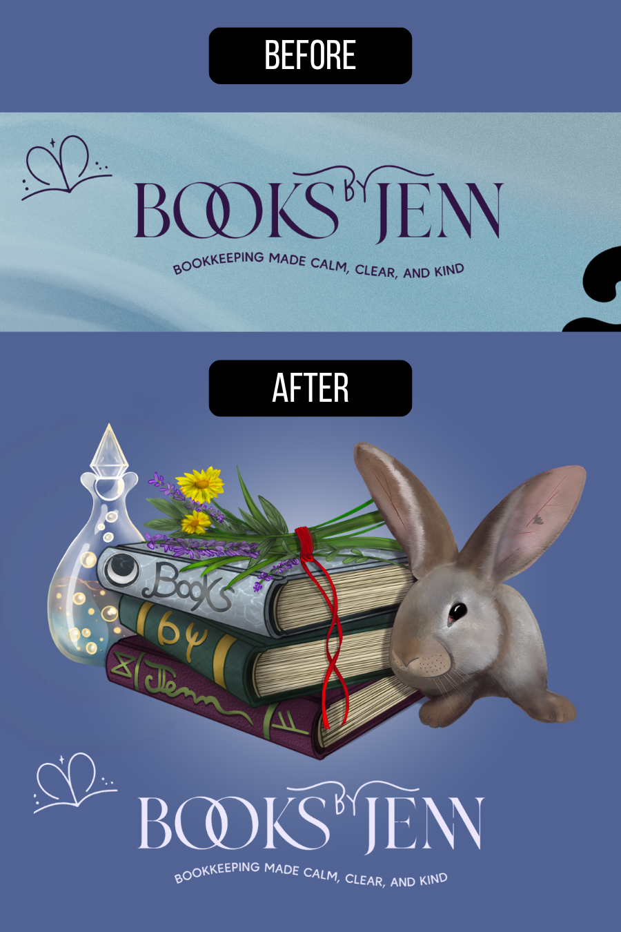 Before and after images of a book cleaning or organizing process. The "before" shows a book cover with the title "BOOKS BY JEN" and a butterfly illustration. The "after" shows a stack of three books with a rabbit, a bouquet of flowers, and a glass container with a cork, all on a purple background.