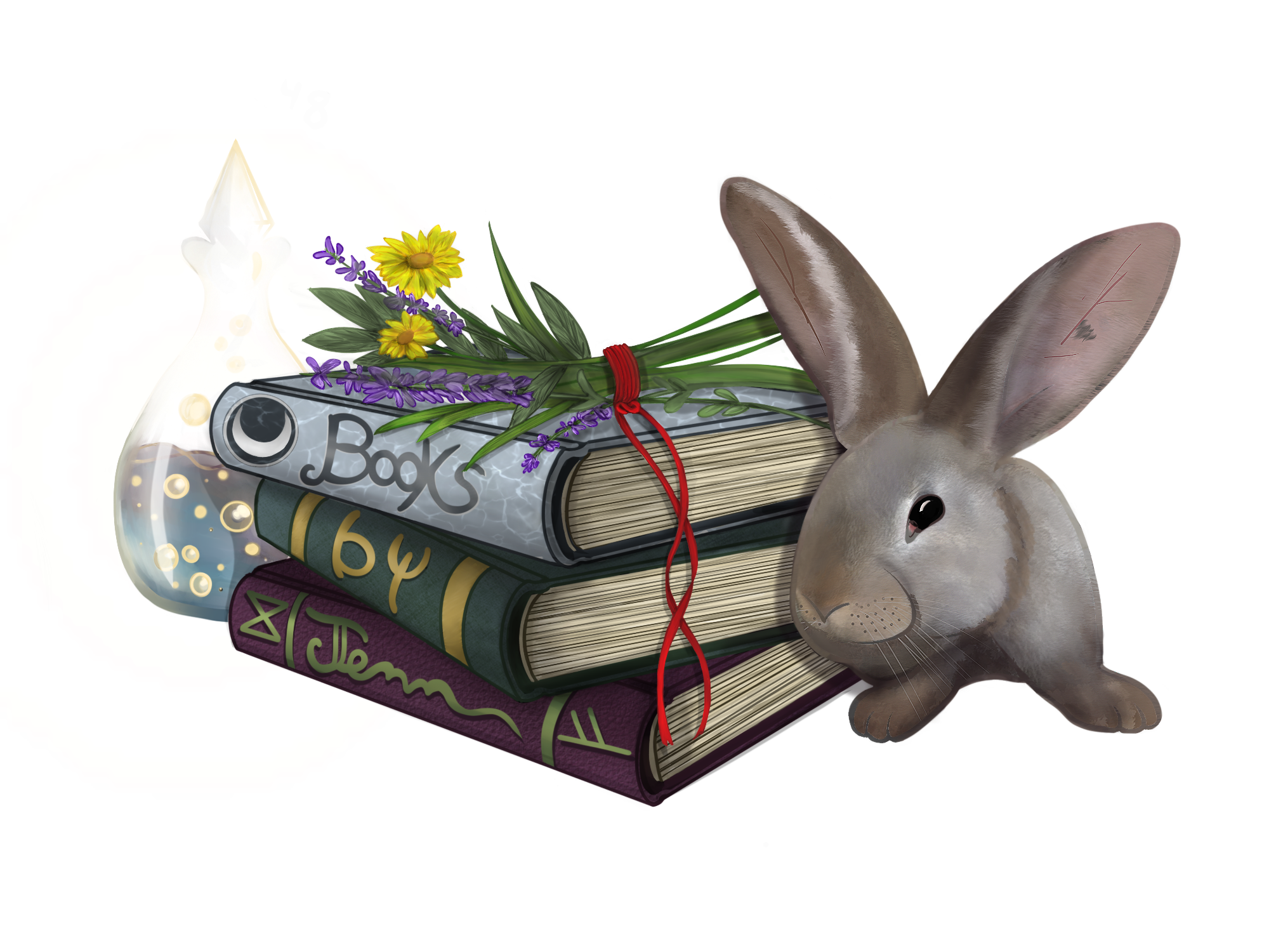 A bunny sitting on a stack of three books with a bouquet of flowers on top, next to a glass potion bottle, with a red ribbon around the books.