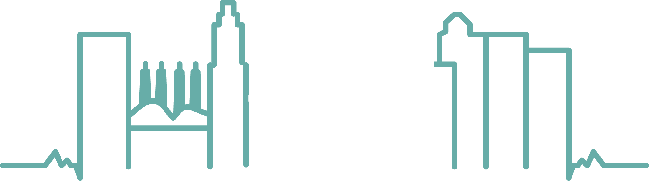 A stylized city skyline with a heart and heartbeat line in the center, representing echocardiography.