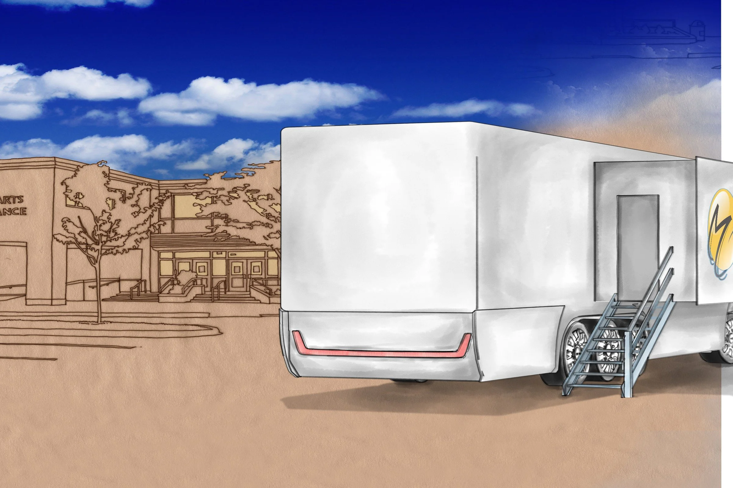 Concept rendering of the MEMa Studio parked in a school lot.