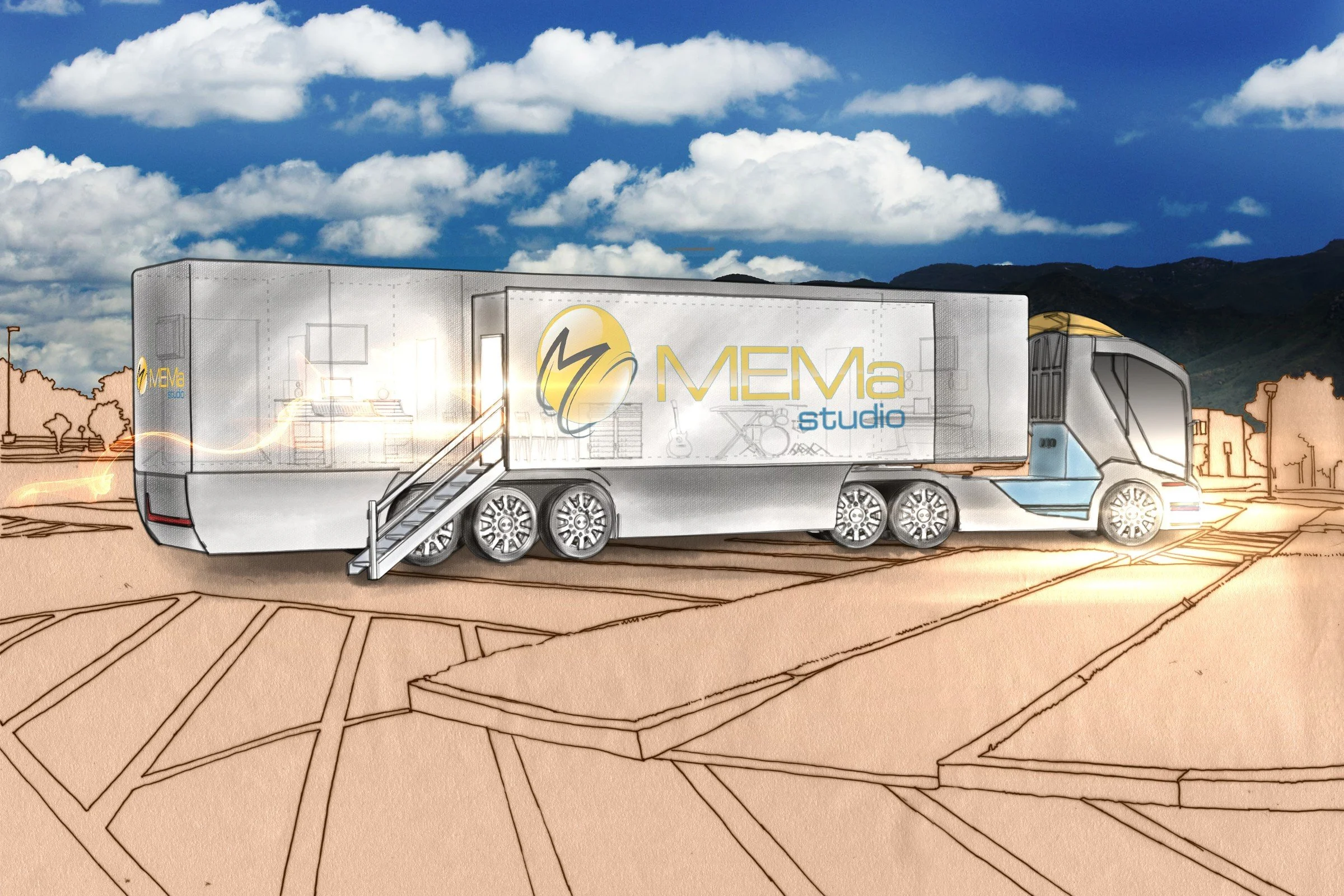 Concept rendering of the MEMa Studio parked, levelled and opened with both sides extended.