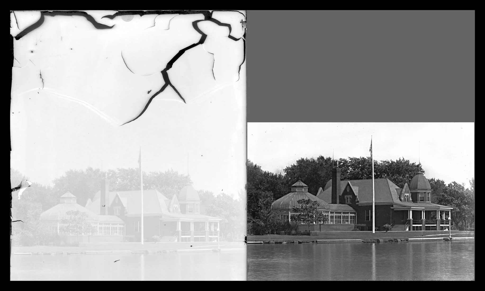 Park Pavillion, Pekin, Illinois heavily faded and damaged glass plate negative.  As scanned on left after correction on right.