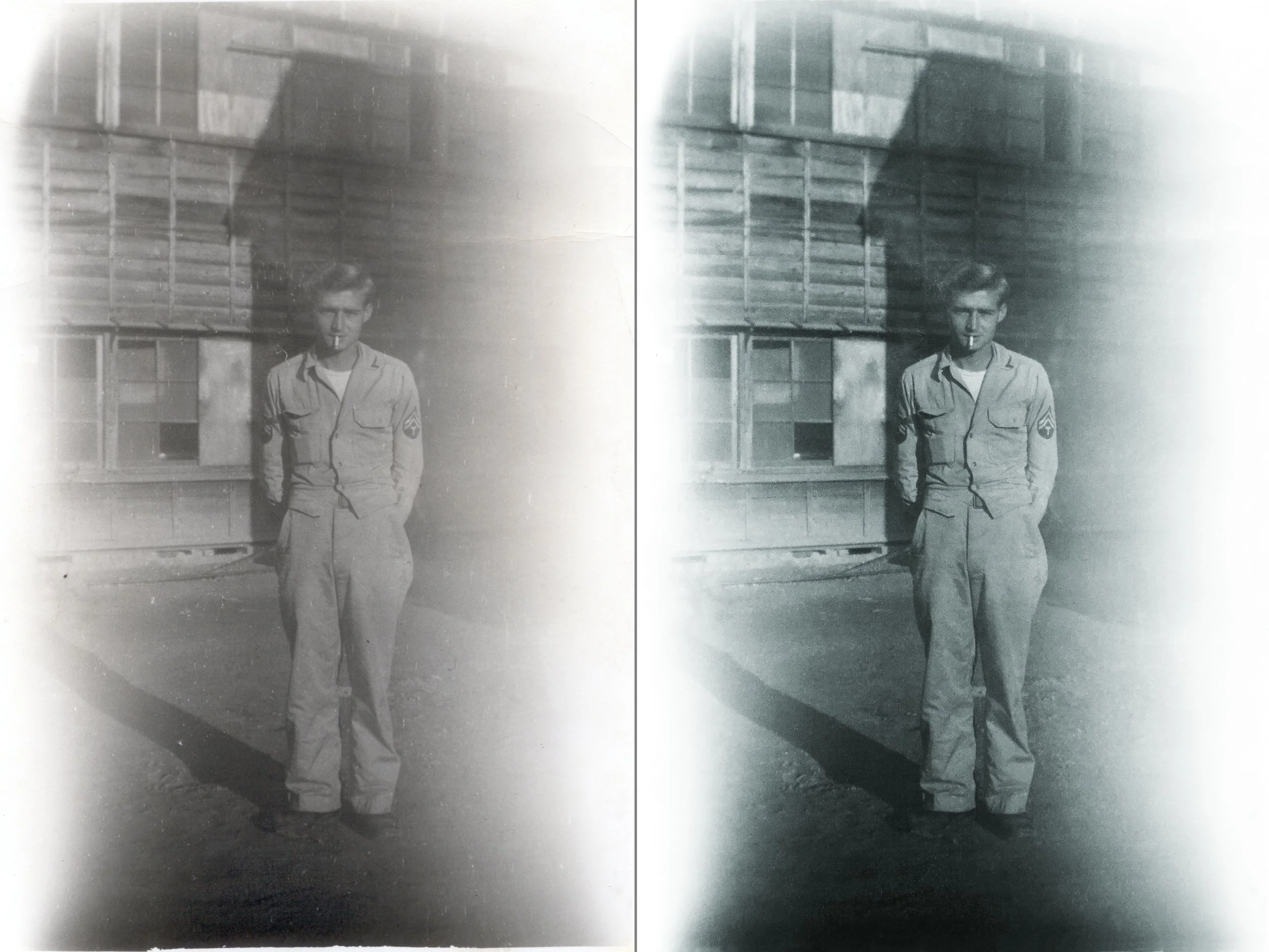 WWII Image of Myron Killion taken with a camera with a significant light leak..  Left is as scanned image right is after some correction