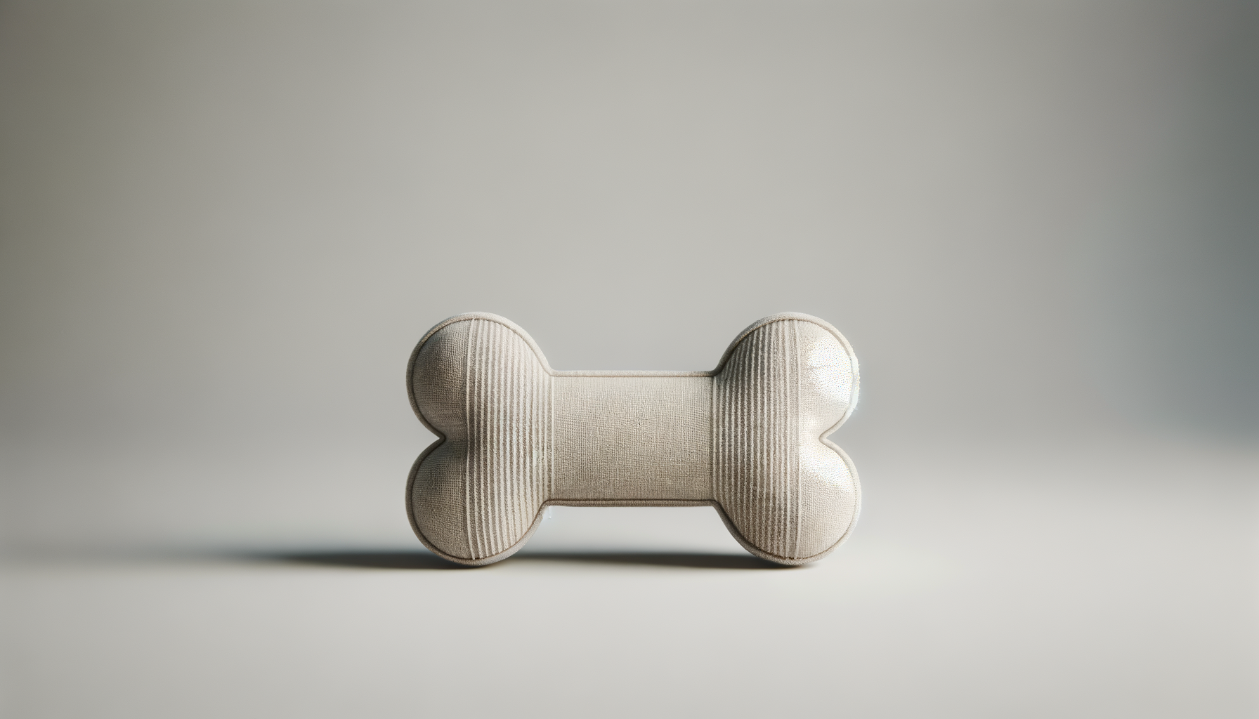 A beige fabric bone-shaped pet toy with vertical striped pattern, placed on a plain surface against a neutral background.