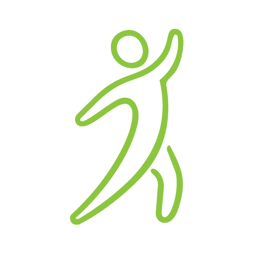 Green outline drawing of a person dancing or jumping with one arm raised, used for our physiotherapy services.