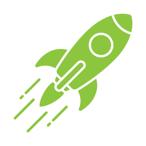 Green rocket launching with flames and smoke from the bottom.