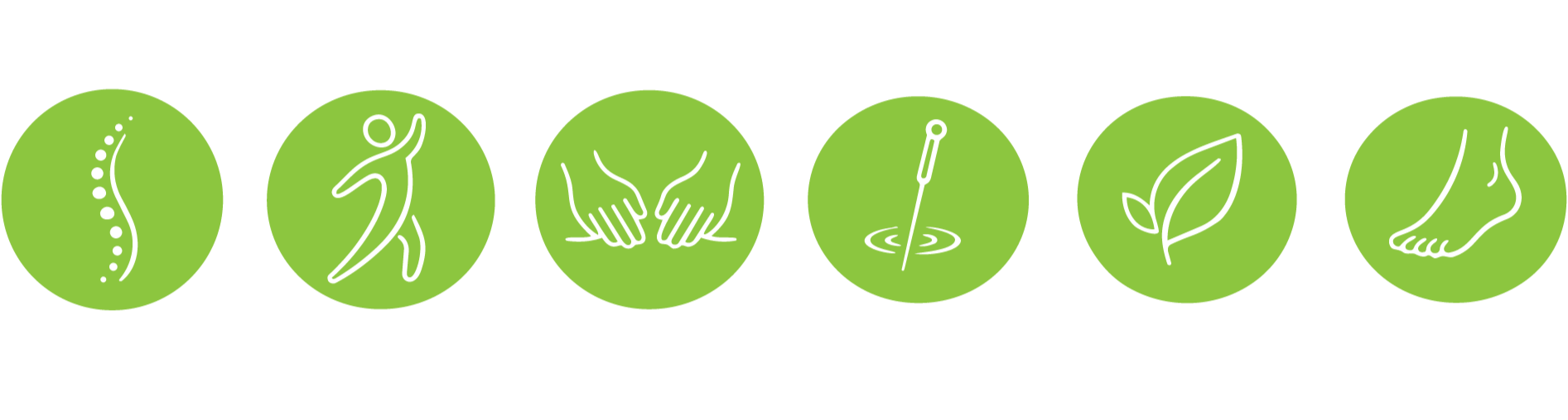 Series of six icons representing chiropractic care, including a spine, a dancer, hands adjusting, a dropper in water, leaves, and a foot.