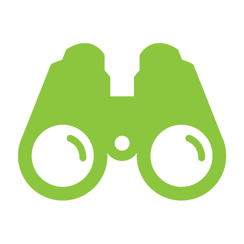 Green binoculars icon on black background.