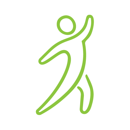 Green outline drawing of a person jumping or dancing with arms raised.