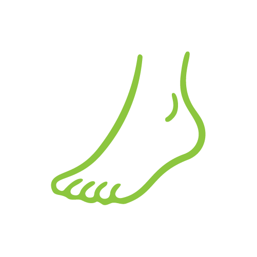 Outline of a human foot in green on a black background.