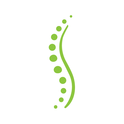 Stylized green and black abstract design with a central curved green line and surrounding green dots, resembling a wave or spine.