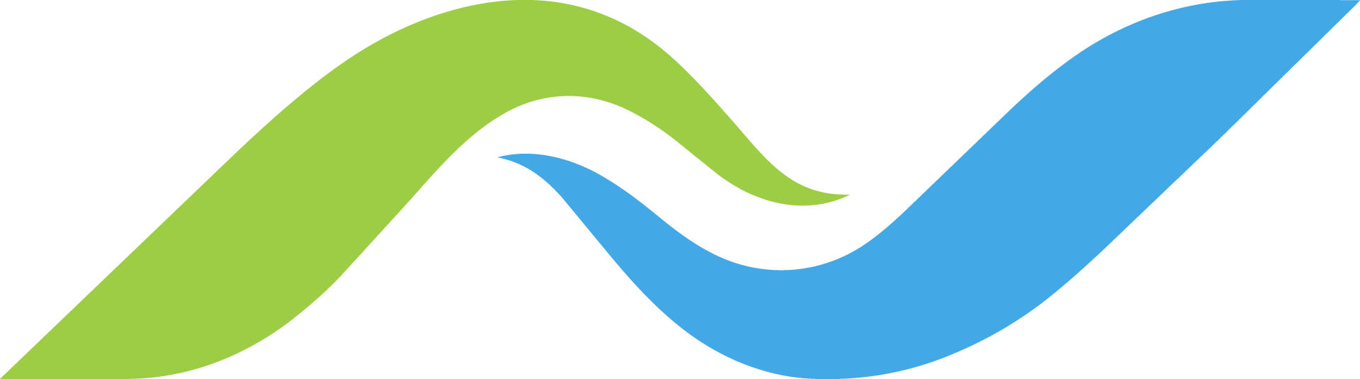 A stylized logo with two curved, flowing shapes; one green and one blue, interweaving in a wave-like pattern.