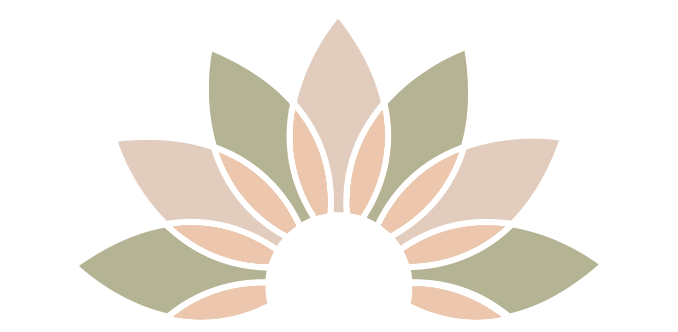 Stylized floral design with overlapping pastel-colored petals in a circular pattern.