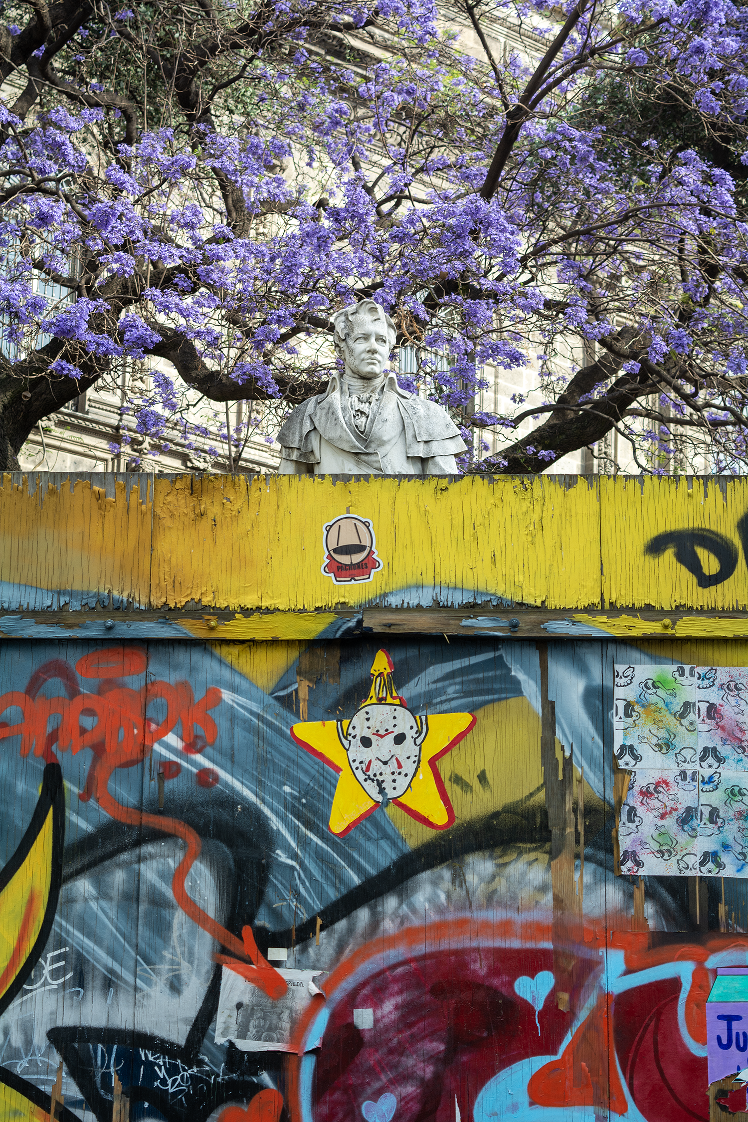 A graffiti-covered metal fence with various colorful spray-painted artwork. Behind the fence, there is a stone bust of a historical figure, partially visible, in front of a flowering tree with purple blossoms.