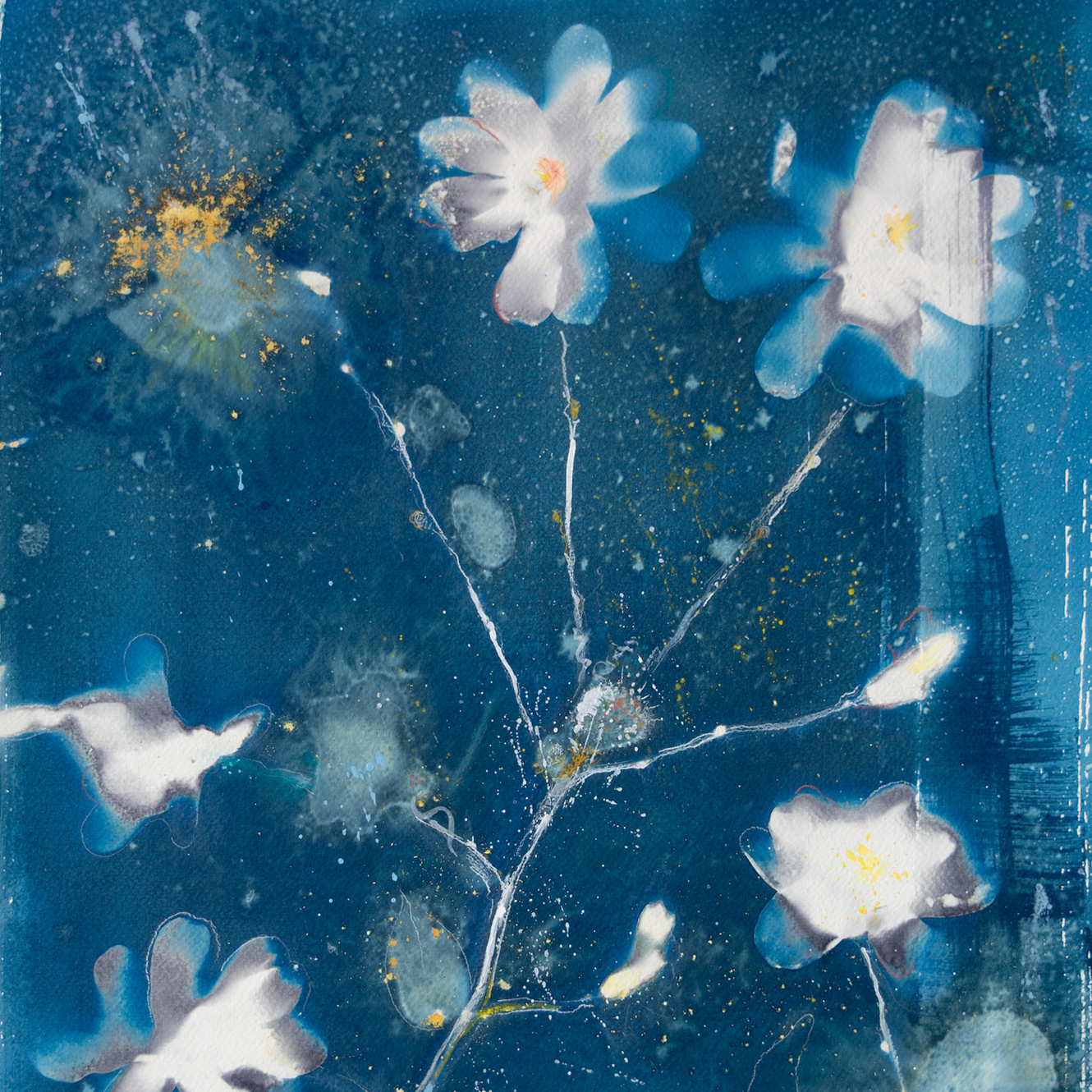 Abstract artwork with blue background, white floral shapes, and scattered gold and white paint splatters.